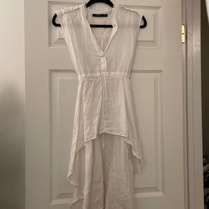 White Zara Hi Lo top with waist tie and circular lace pattern detail